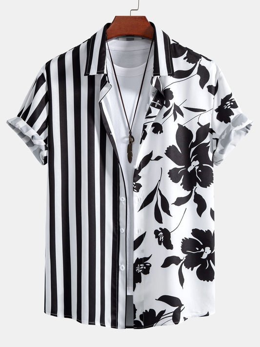Floral Stripe Patchwork Print Button Up Shirt